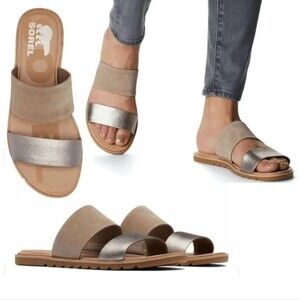 NWOT SOREL WOMEN'S ELLA™ II SLIDE SANDAL—LIGHT TAN/ SILVER
